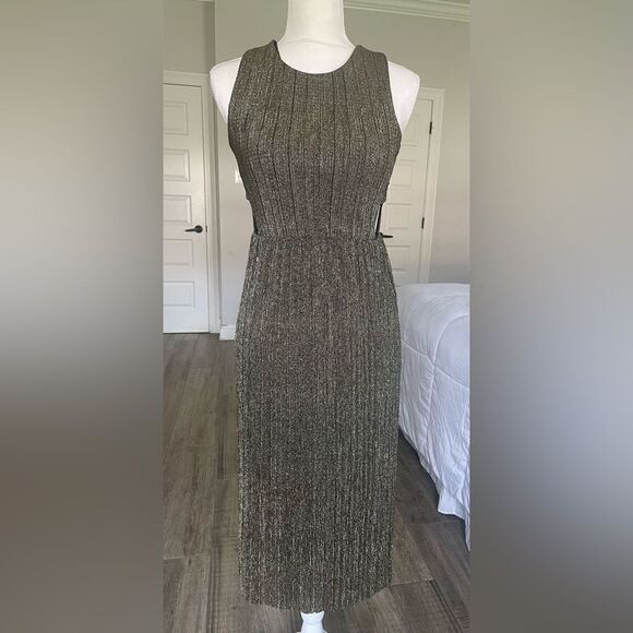 BCBG MAXAZRIA Metallic Gold Pleated Cut Out Gown XS - Picture 3 of 10